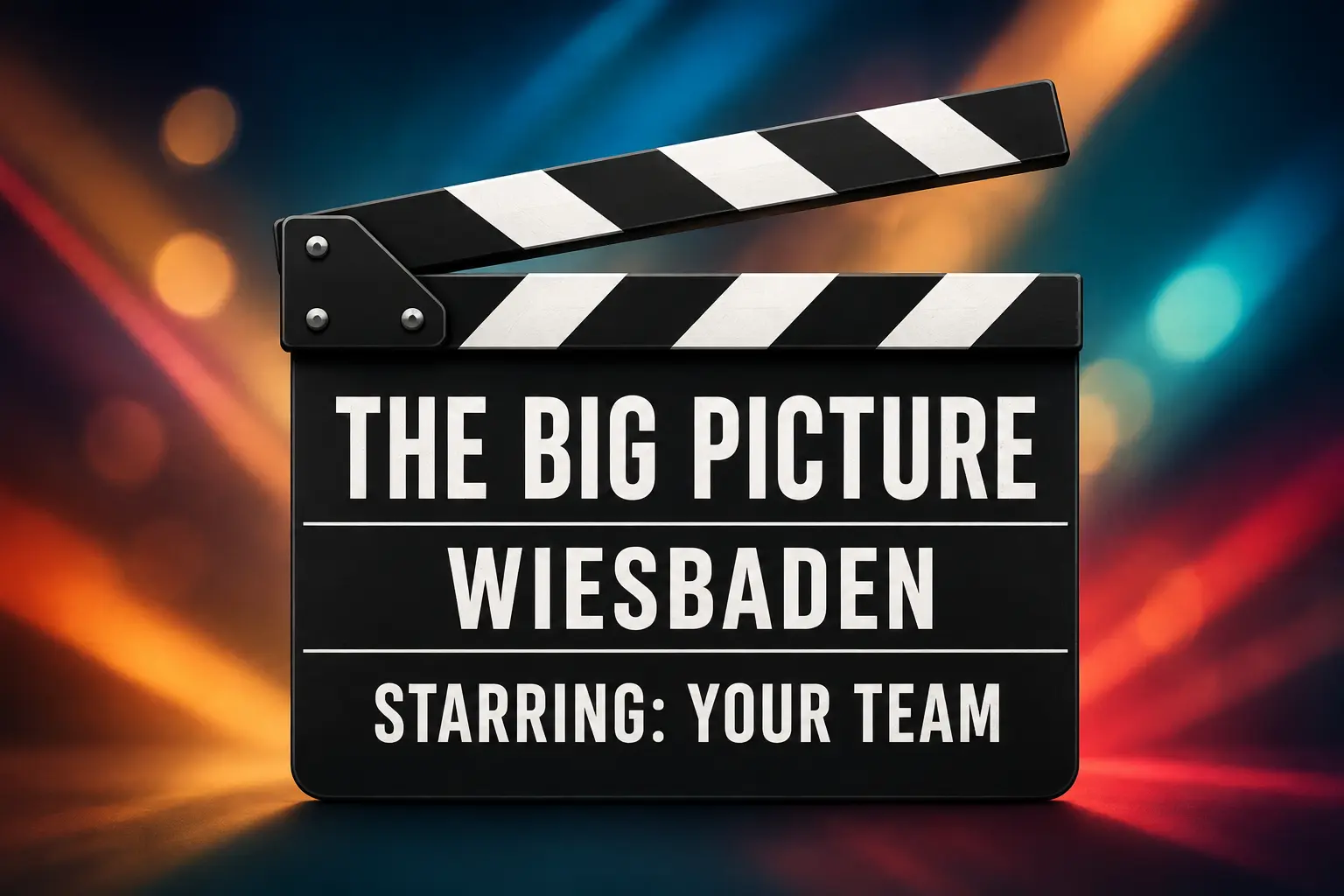 Grafische Filmklappe mit The Big Picture, Wiesbaden und Starring: Your Team vor abstrakten Kinolichtern